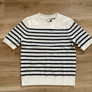 Banana Republic Lightweight Cashmere Short Sleeve Sweater White Navy Stripe S